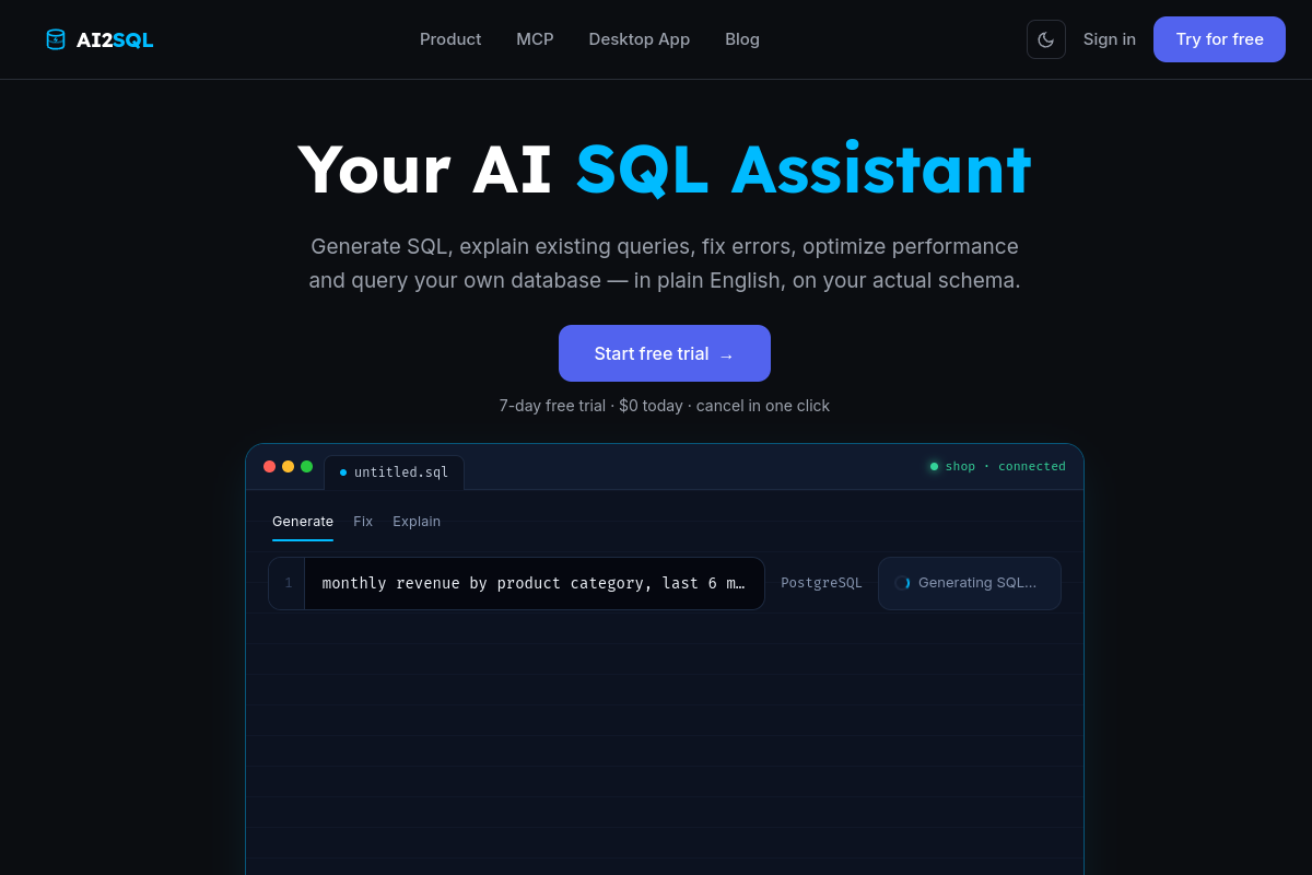 Screenshot of the AI2SQL website