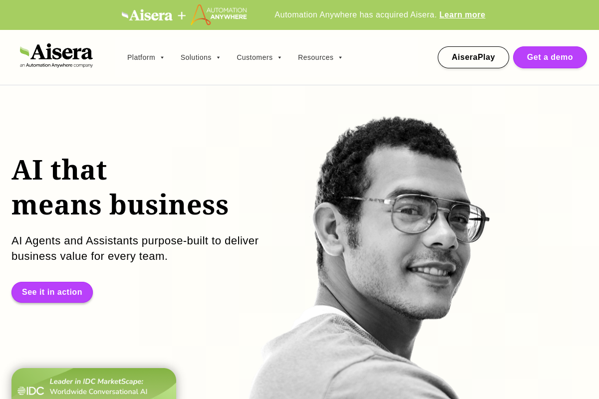 Screenshot of the Aisera website