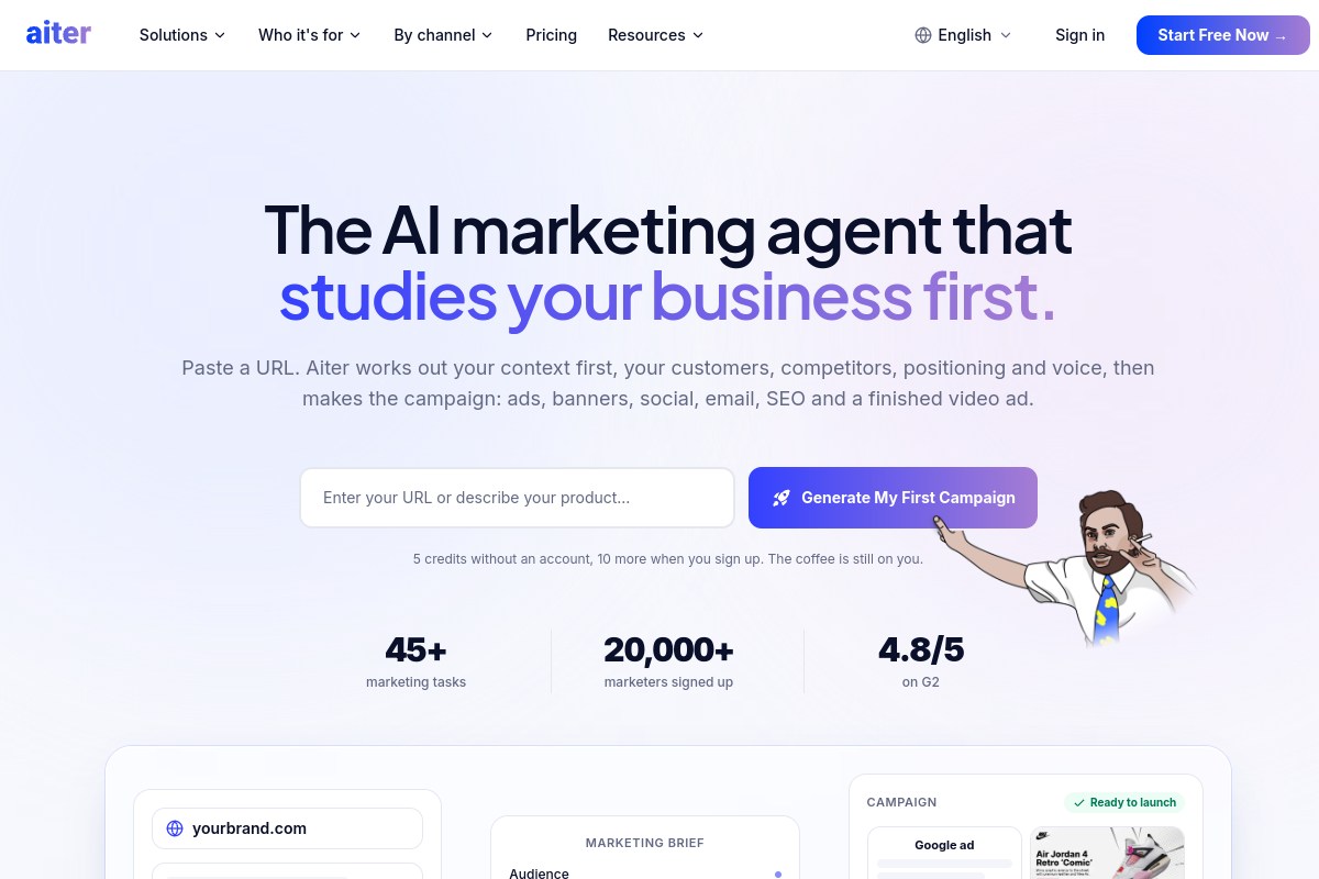 Screenshot of the Aiter – Marketing Content, Strategy and Ads Generator website