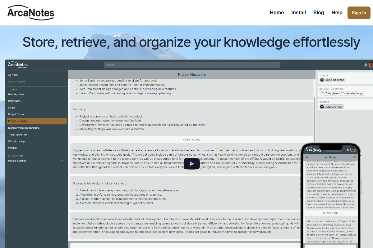 Screenshot of the ArcaNotes website