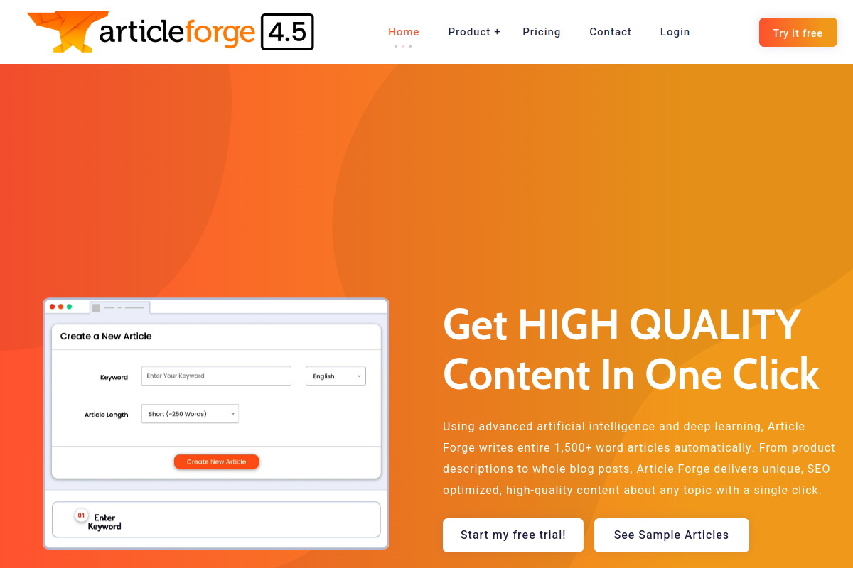 Screenshot of the Article Forge website