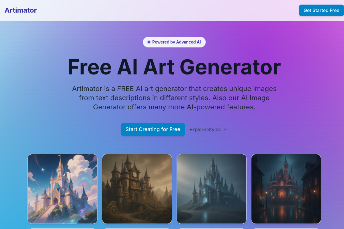 Screenshot of the Artimator website