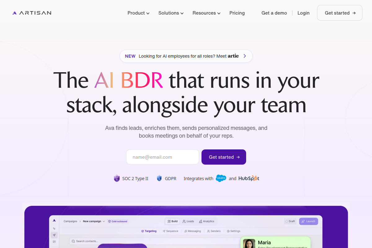 Screenshot of the Ava by Artisan website
