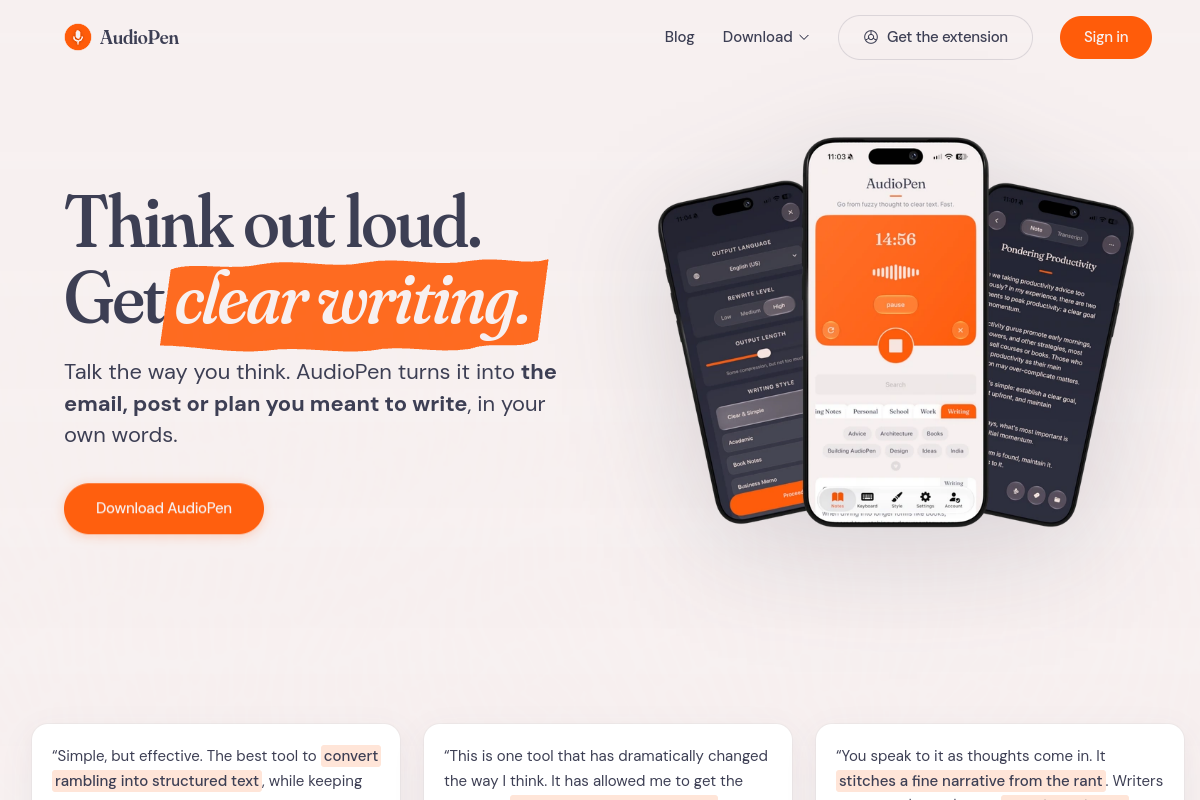 Screenshot of the Audiopen website