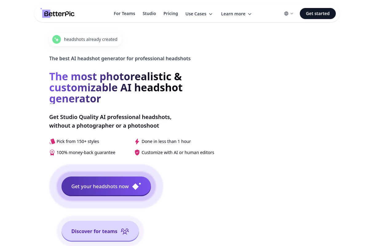 Screenshot of the BetterPic | AI Headshots website