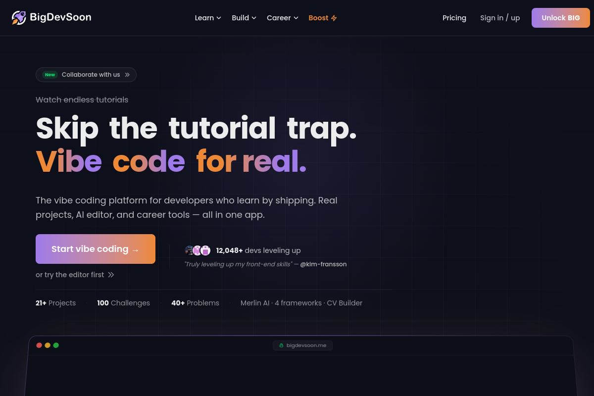 Screenshot of the BigDevSoon website