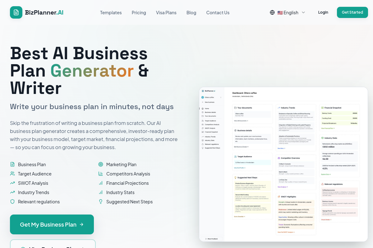 Screenshot of the BizPlanner AI website