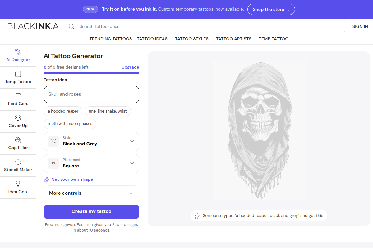 Screenshot of the Blackink website