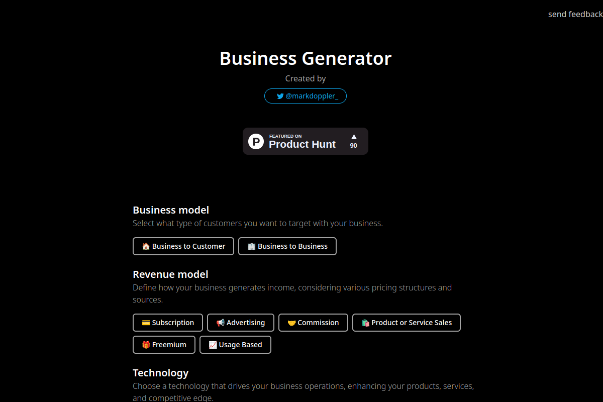 Screenshot of the Business Idea Generator AI website