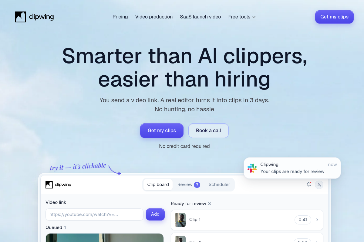 Screenshot of the Clipwing website