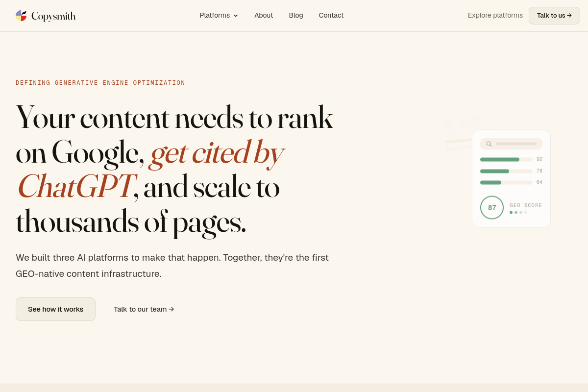 Screenshot of the Copysmith website