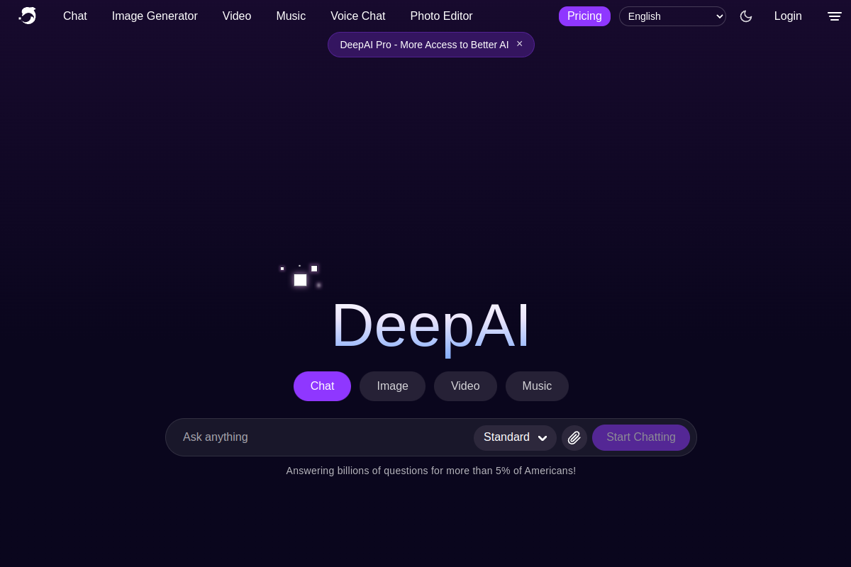 Screenshot of the DeepAI website