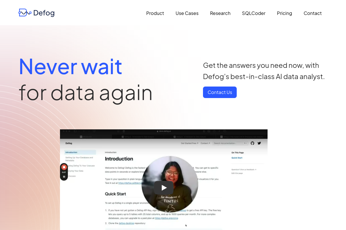 Screenshot of the Defog website