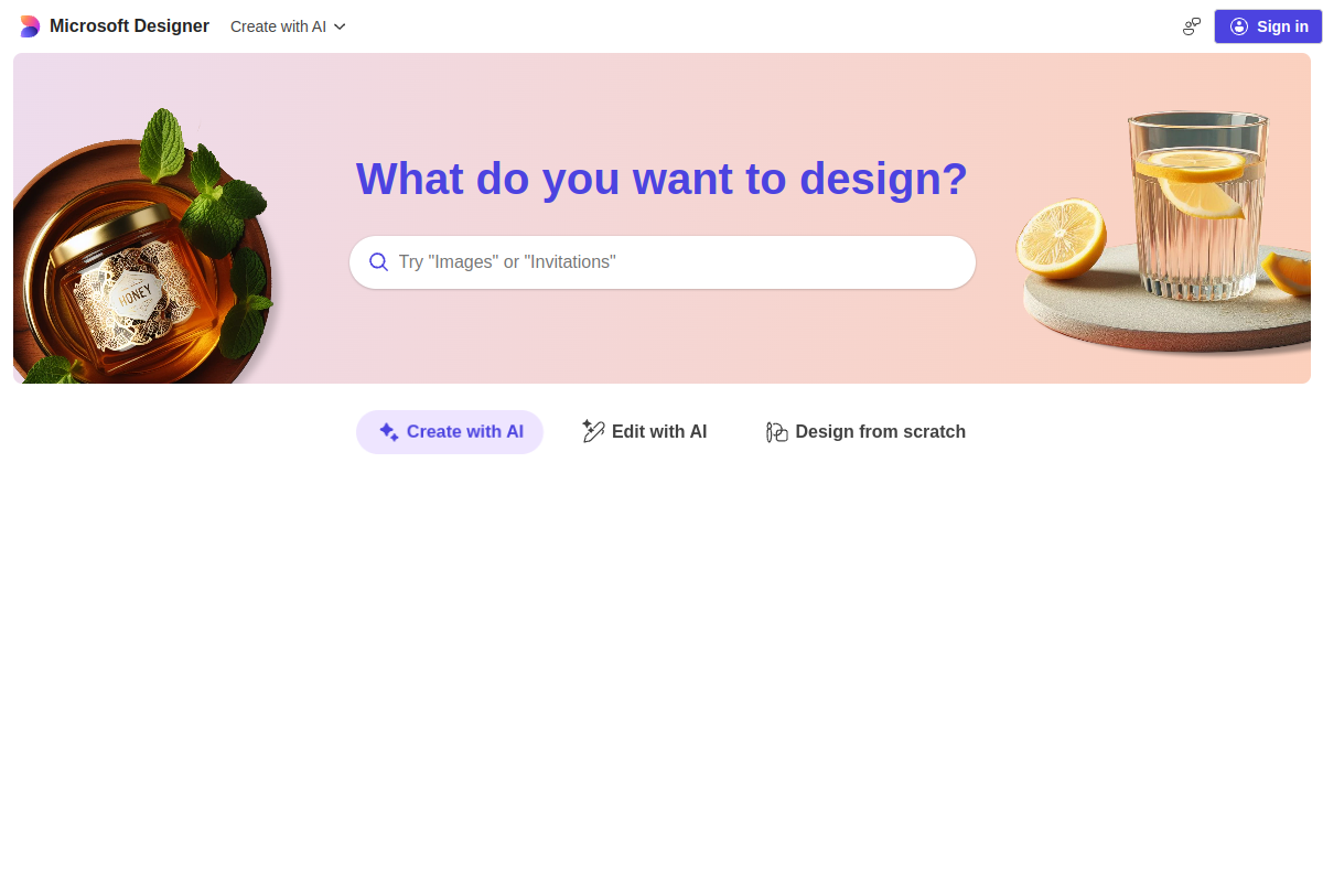 Screenshot of the Microsoft Designer website