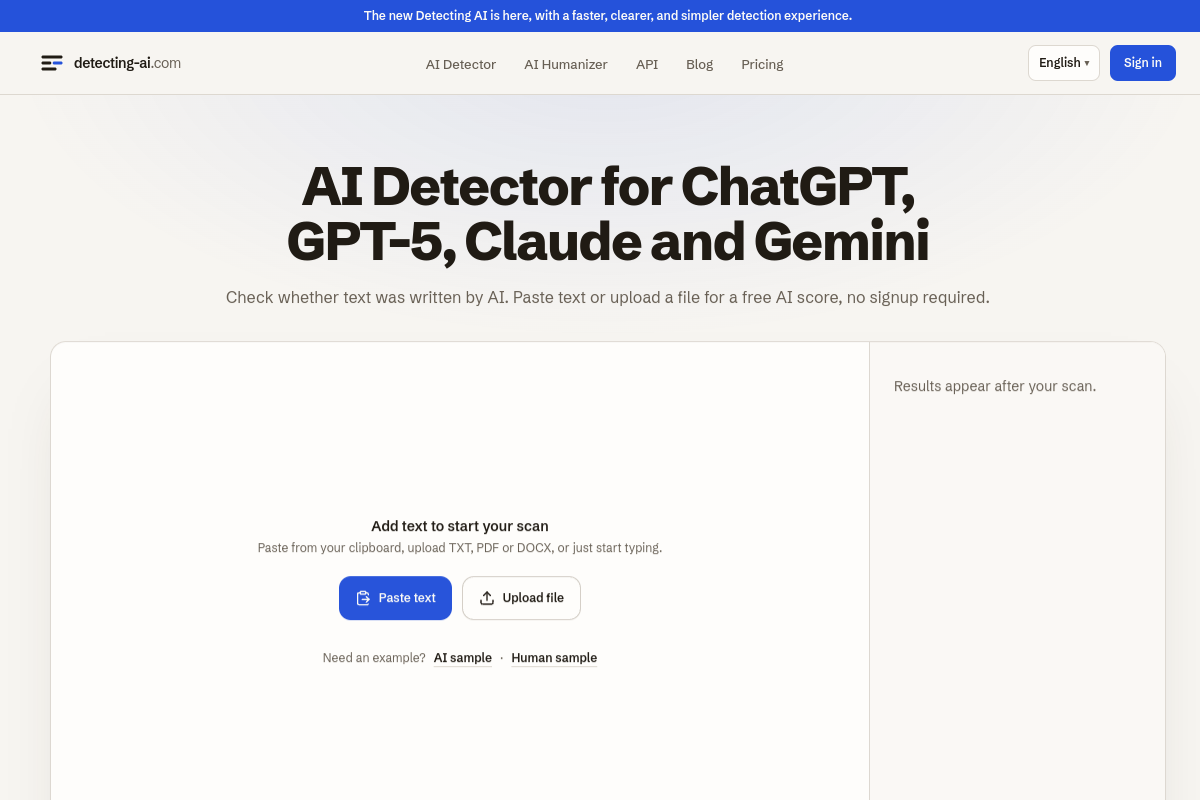 Screenshot of the Detecting-AI.com website