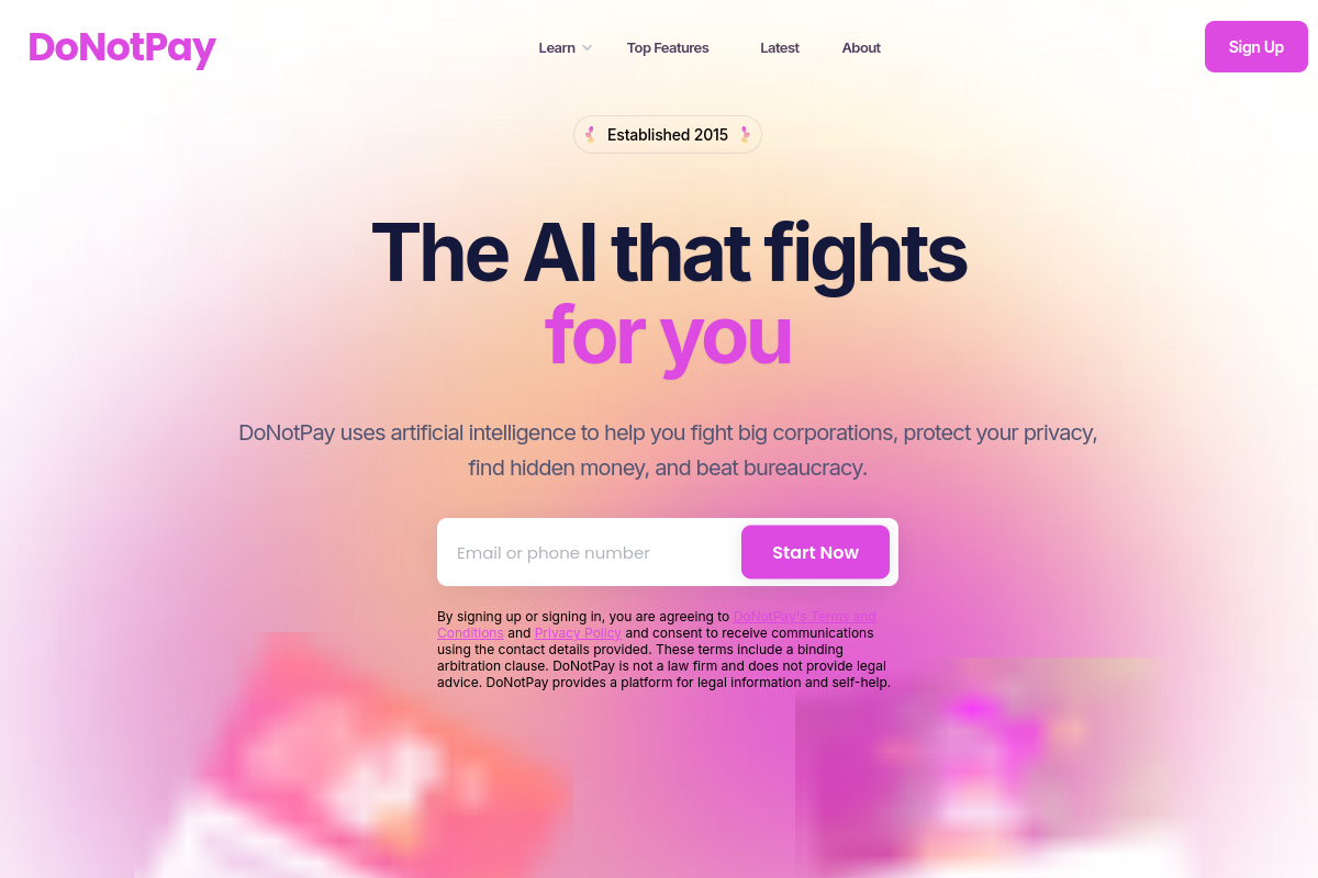 Screenshot of the Donotpay website