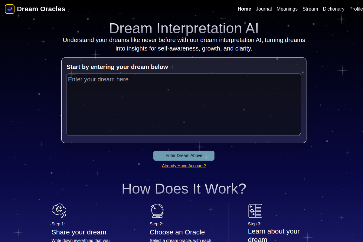 Screenshot of the Dream Oracles website