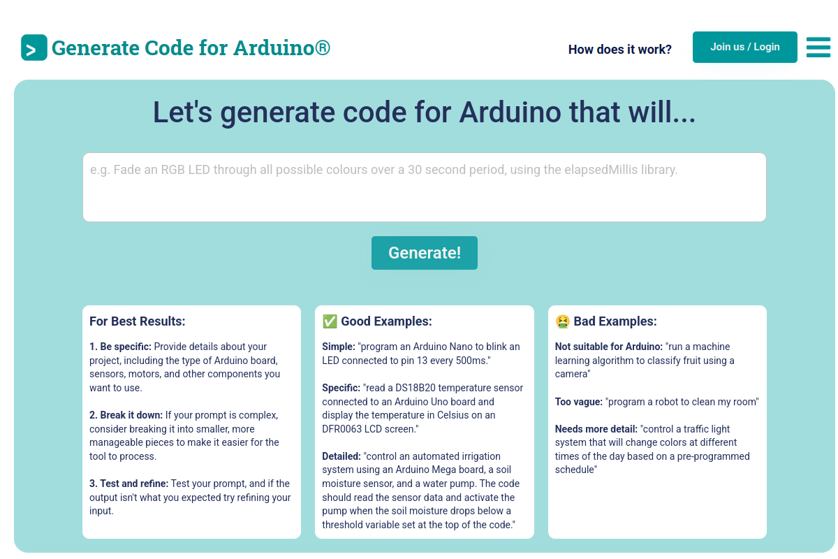 Screenshot of the Code Generator for Arduino website