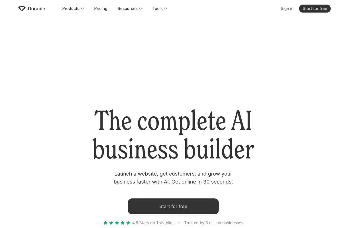 Screenshot of the Durable AI Website Builder website