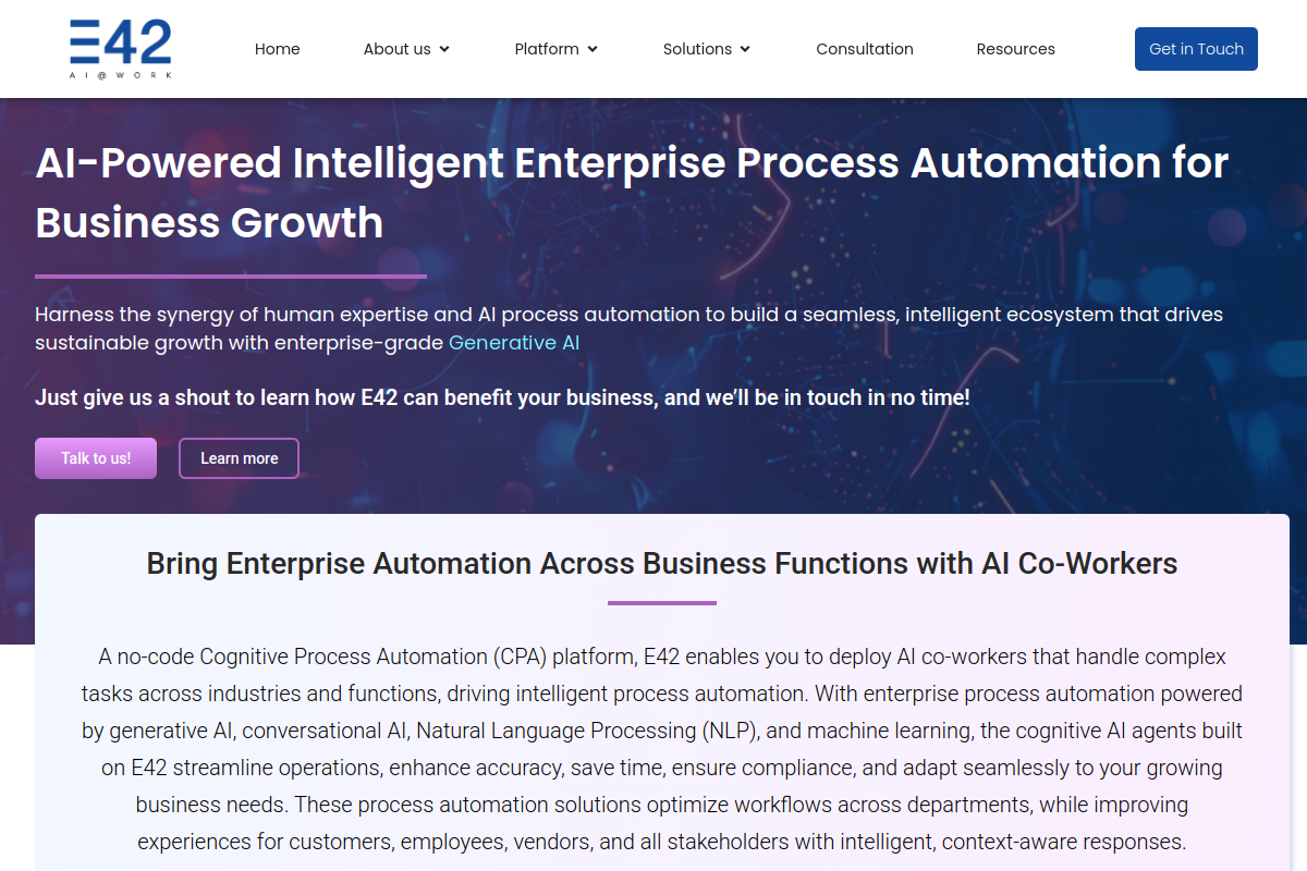 Screenshot of the E42 website