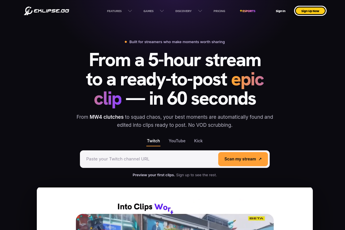 Screenshot of the Eklipse website