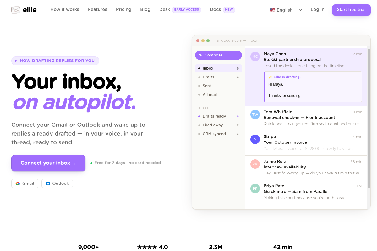 Screenshot of the Ellie - Your AI Email Assistant website