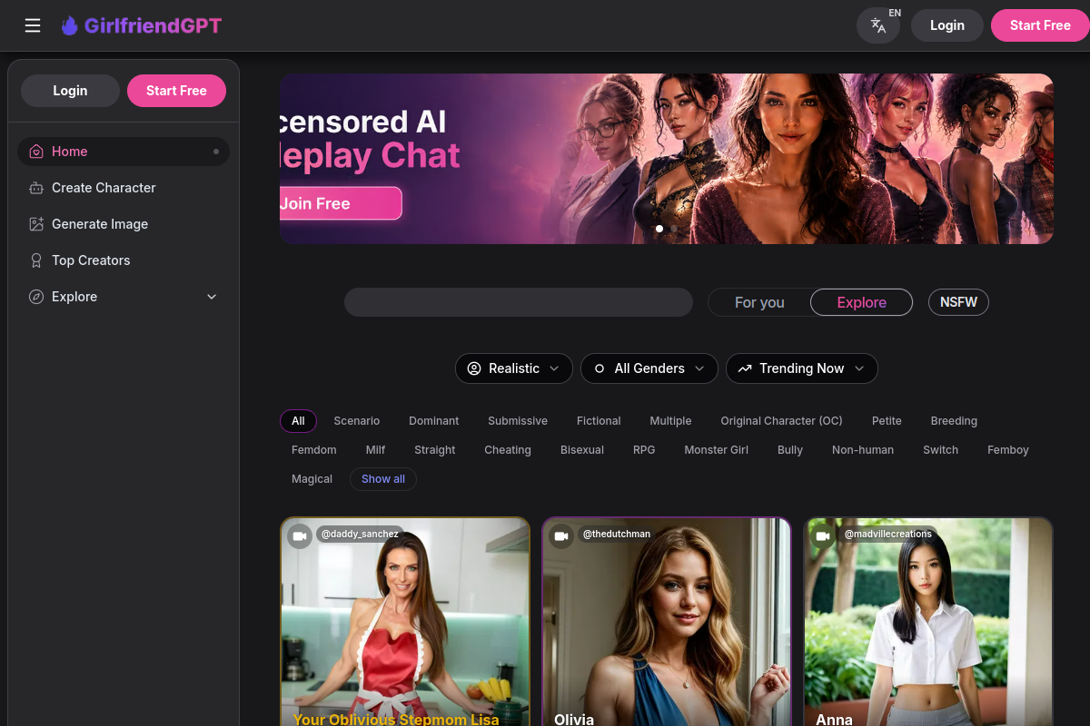 Screenshot of the GirlfriendGPT website