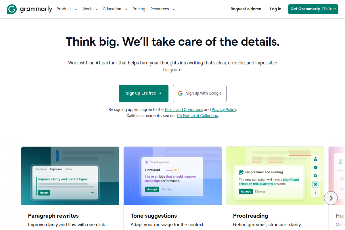 Screenshot of the Grammarly website