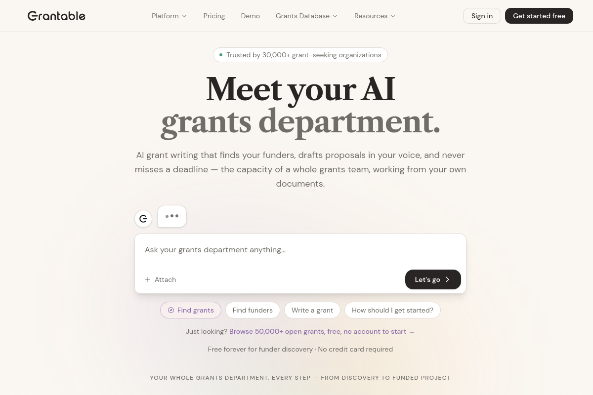 Screenshot of the Grantable website