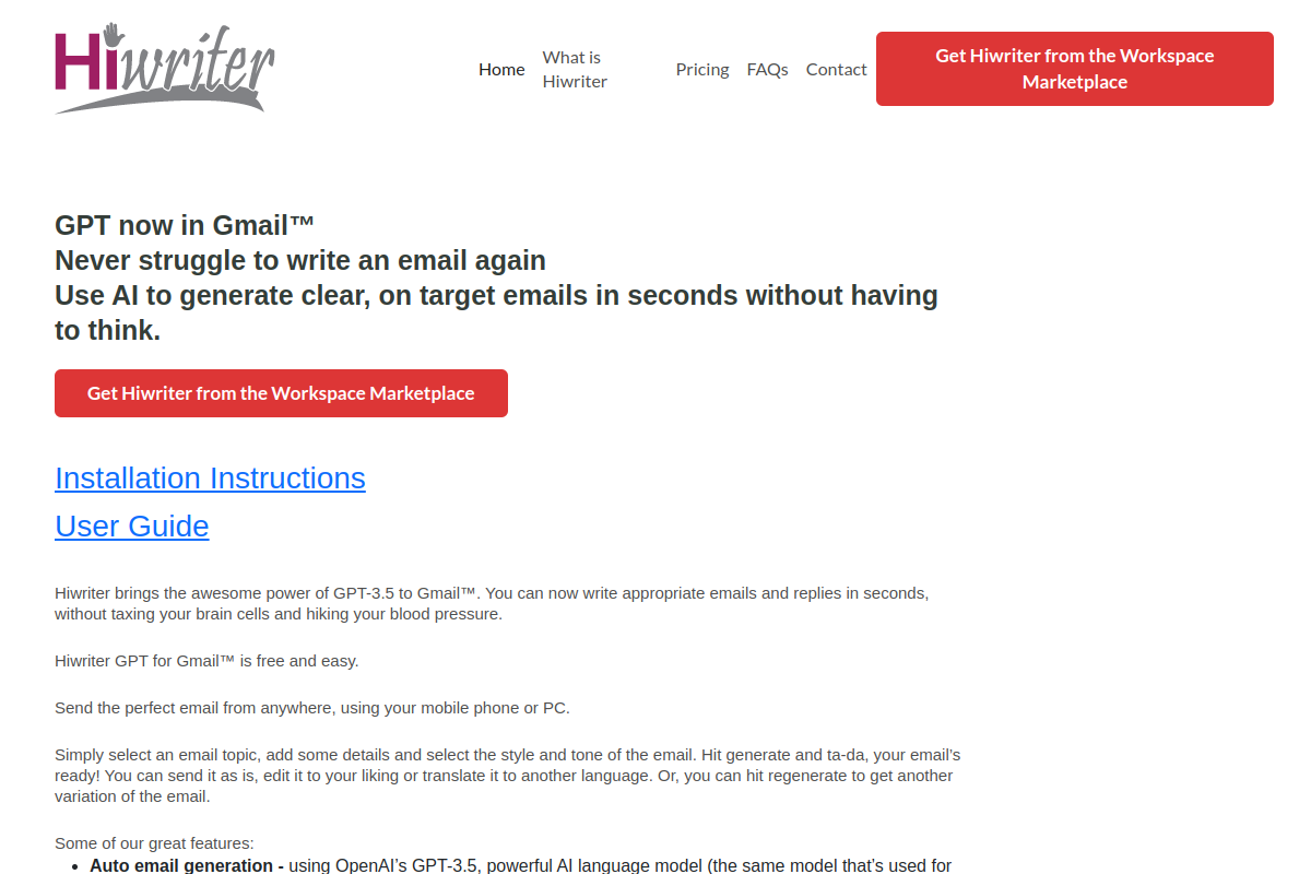 Screenshot of the Hiwriter website