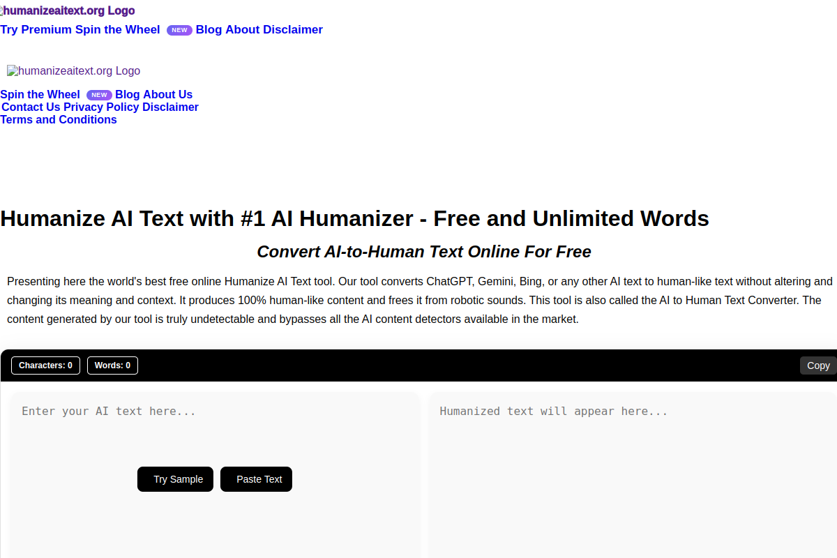 Screenshot of the Humanize AI Text website