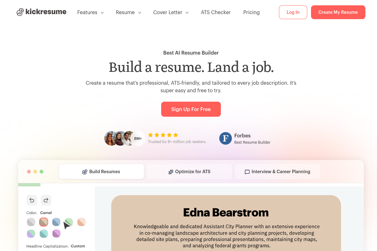 Screenshot of the Kickresume website
