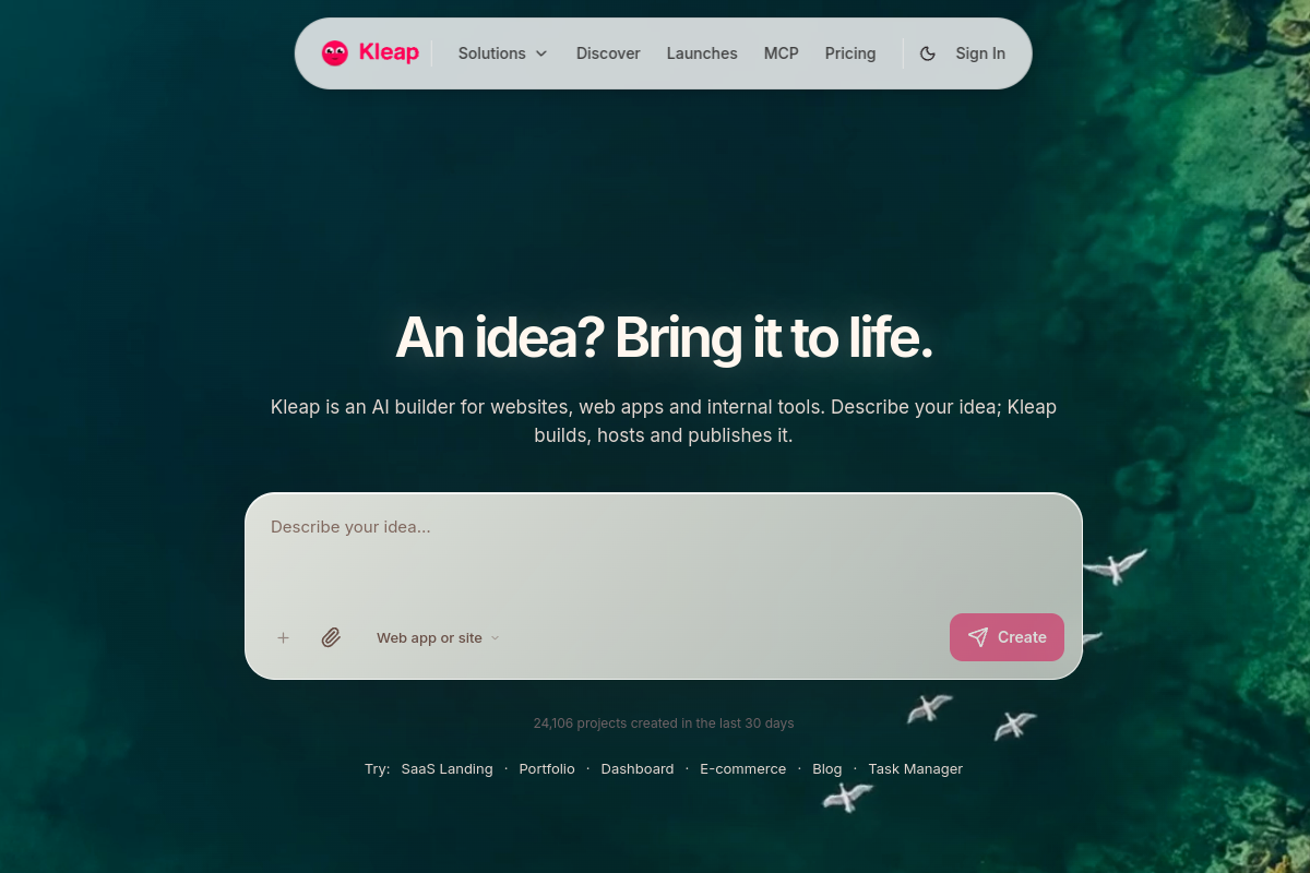 Screenshot of the Kleap website