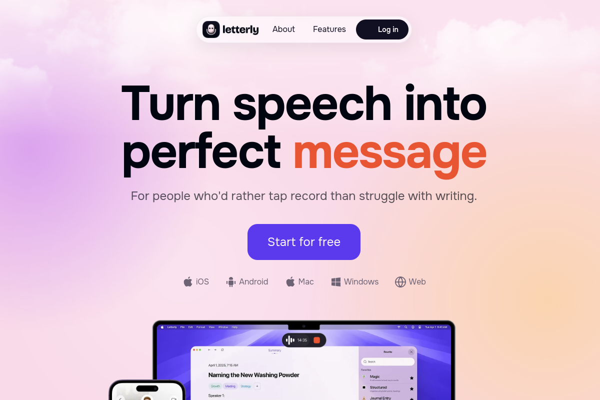 Screenshot of the Letterly App website