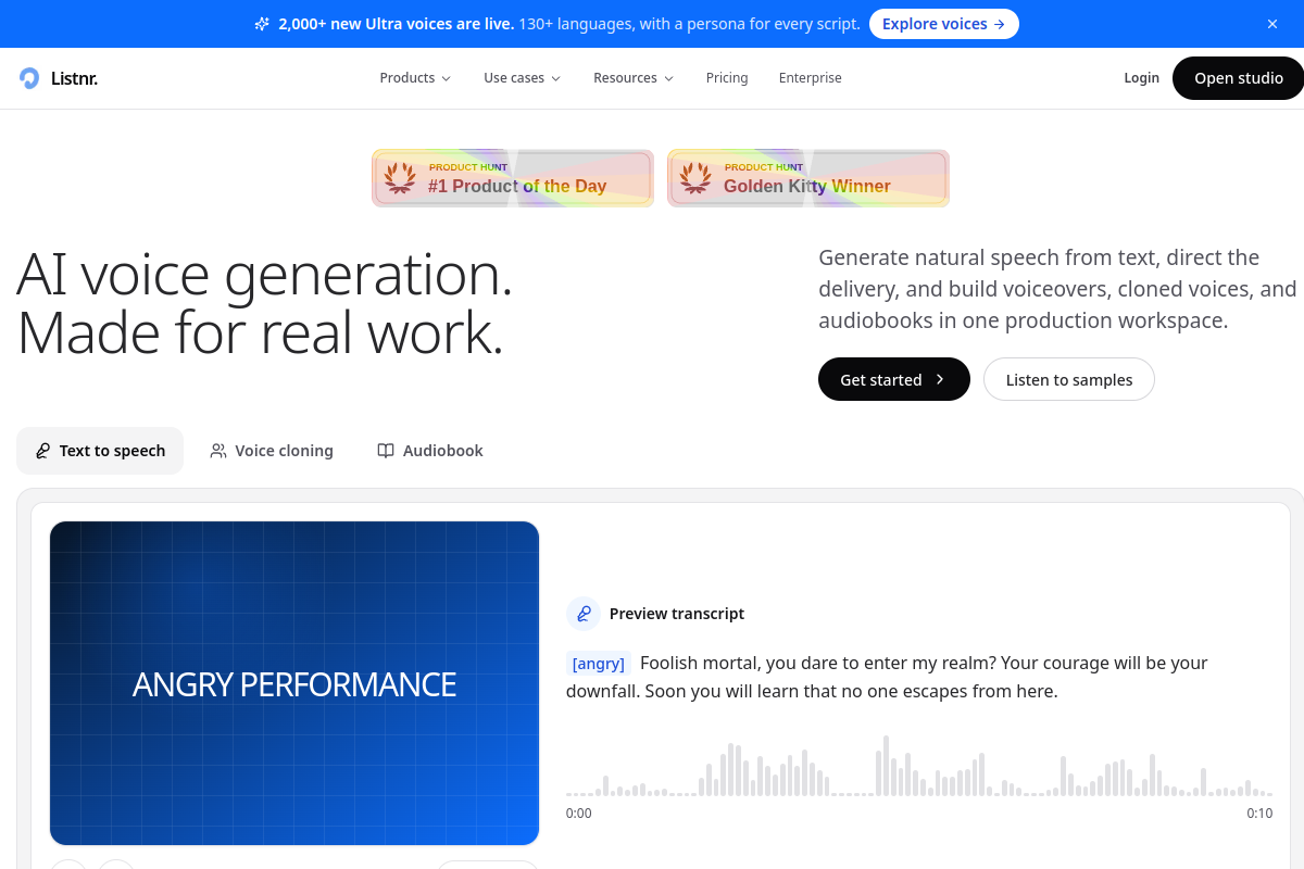 Screenshot of the Listnr AI website