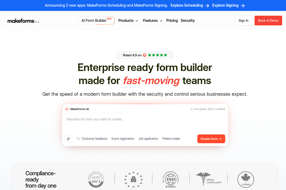 Screenshot of the Makeforms website