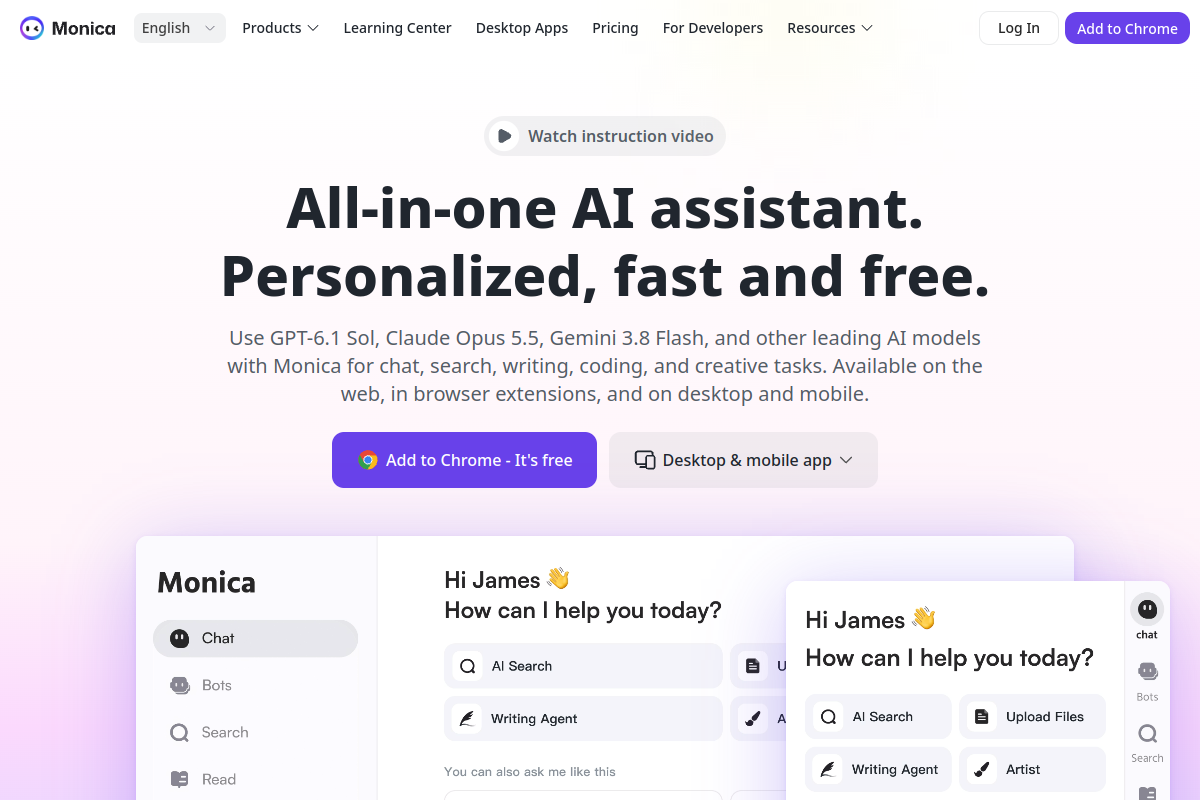Screenshot of the Monica website