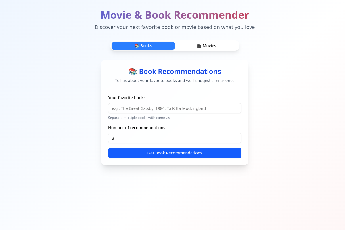Screenshot of the Movie & Book Recommender website
