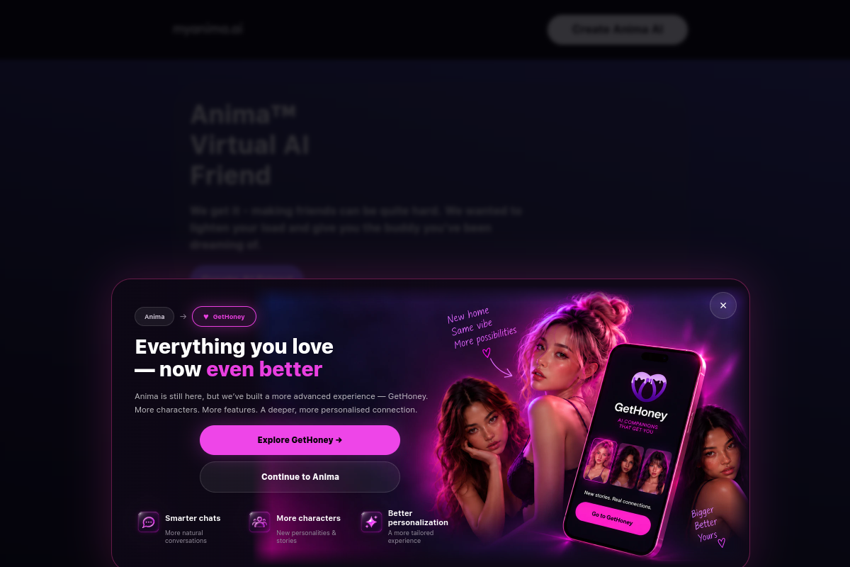Screenshot of the MyAnima AI Companion website