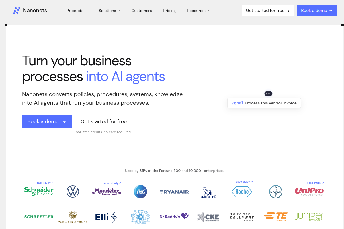 Screenshot of the Nanonets website