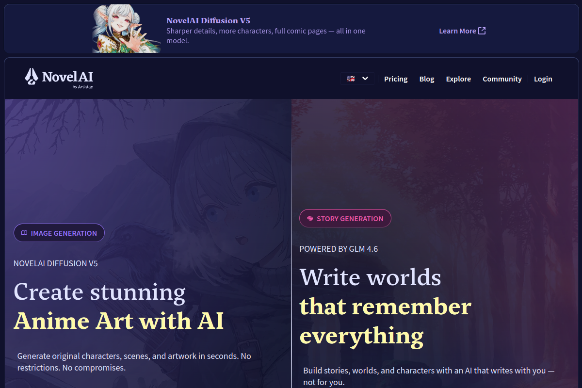 Screenshot of the NovelAI website