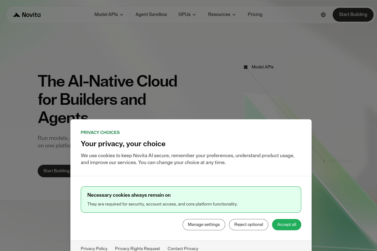 Screenshot of the Novita website