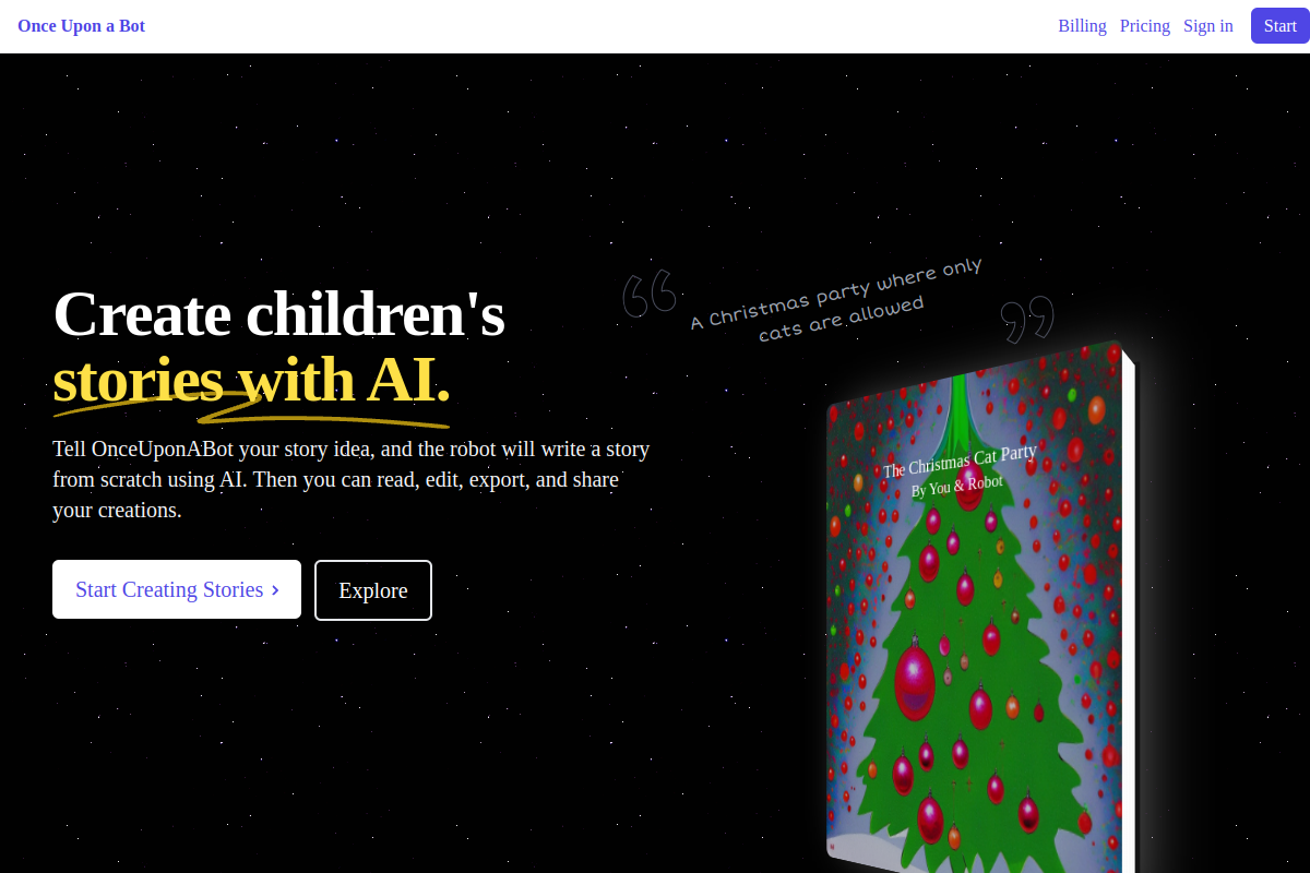 Screenshot of the Once Upon A Bot website