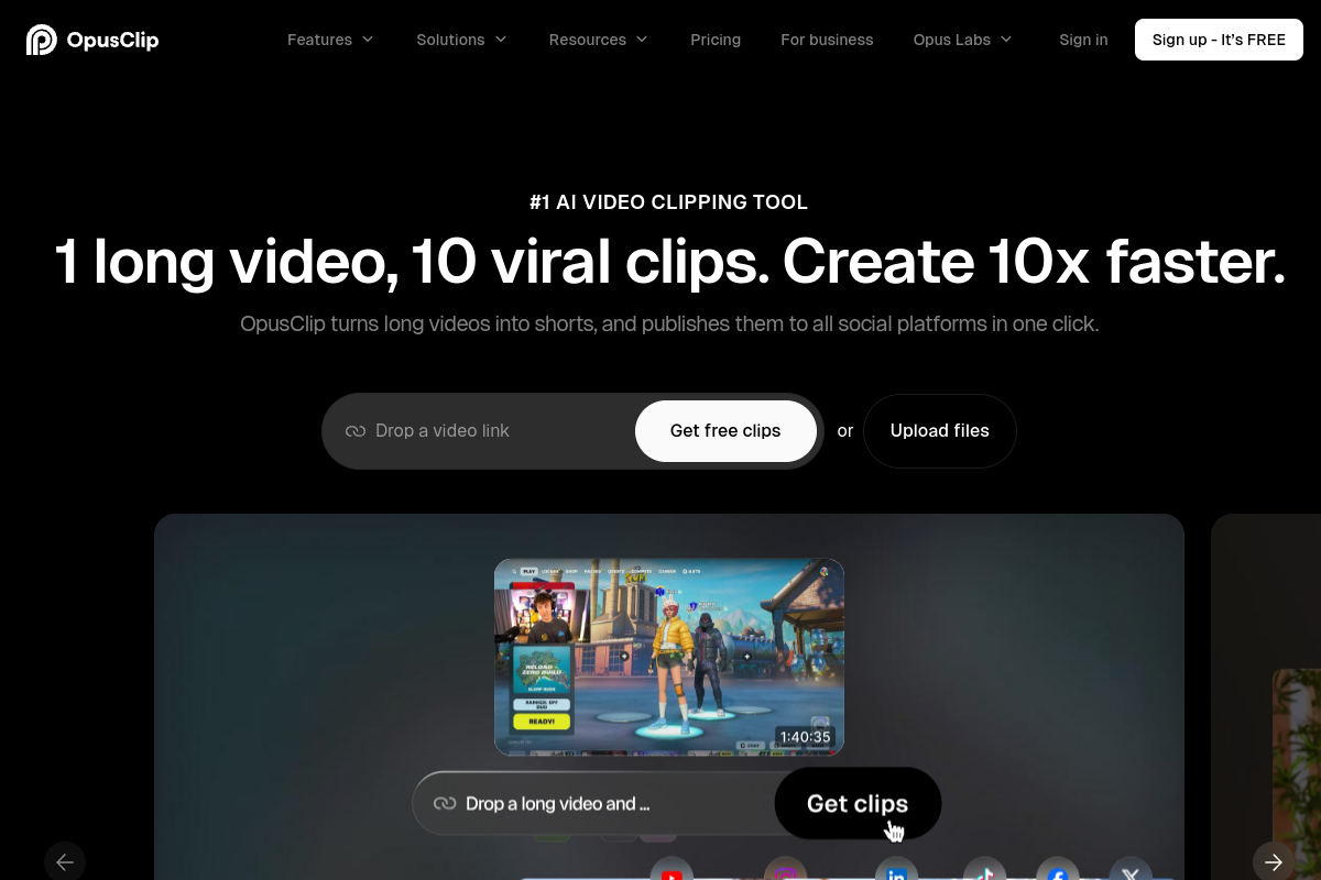 Screenshot of the Opus Clip website