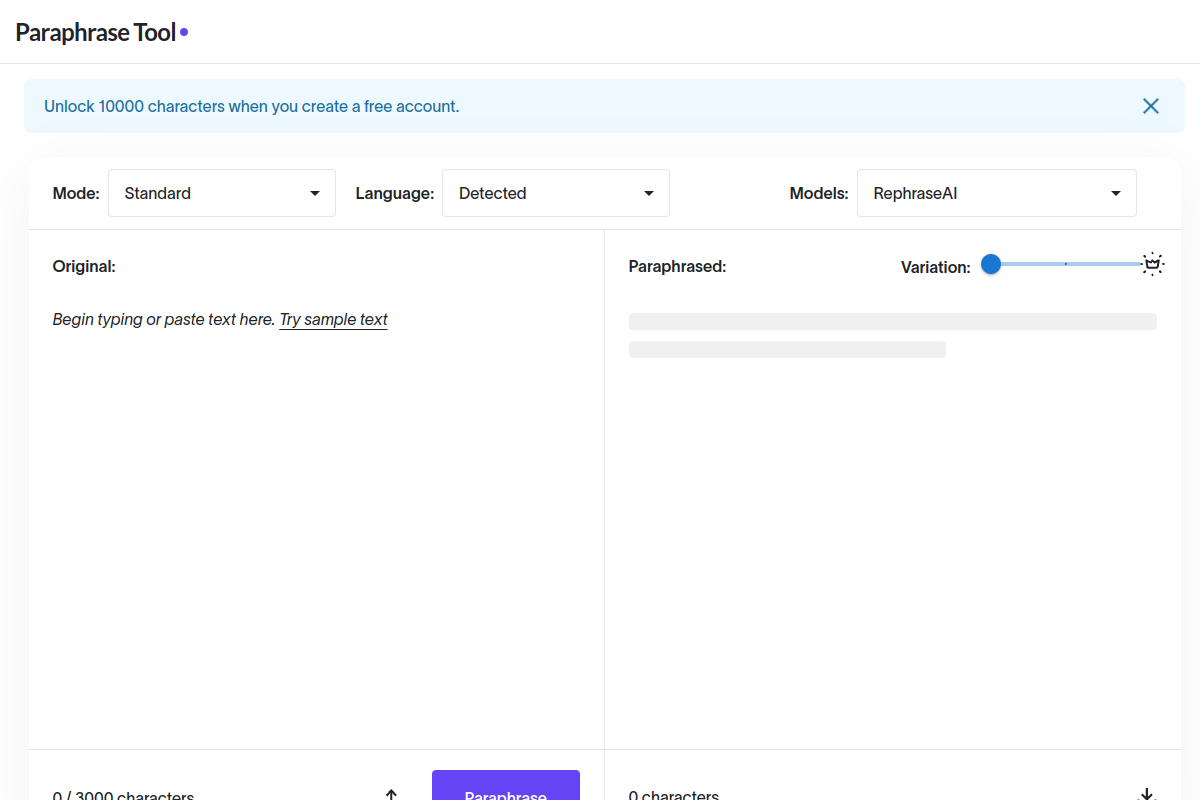Screenshot of the Paraphrase Tool website