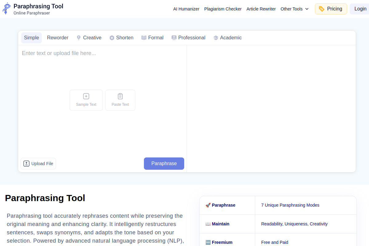 Screenshot of the Paraphrasing.io website