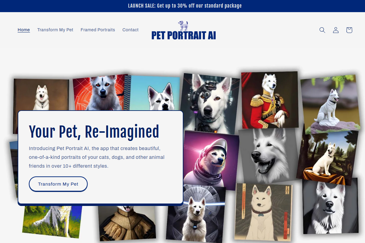 Screenshot of the Pet Portrait AI website