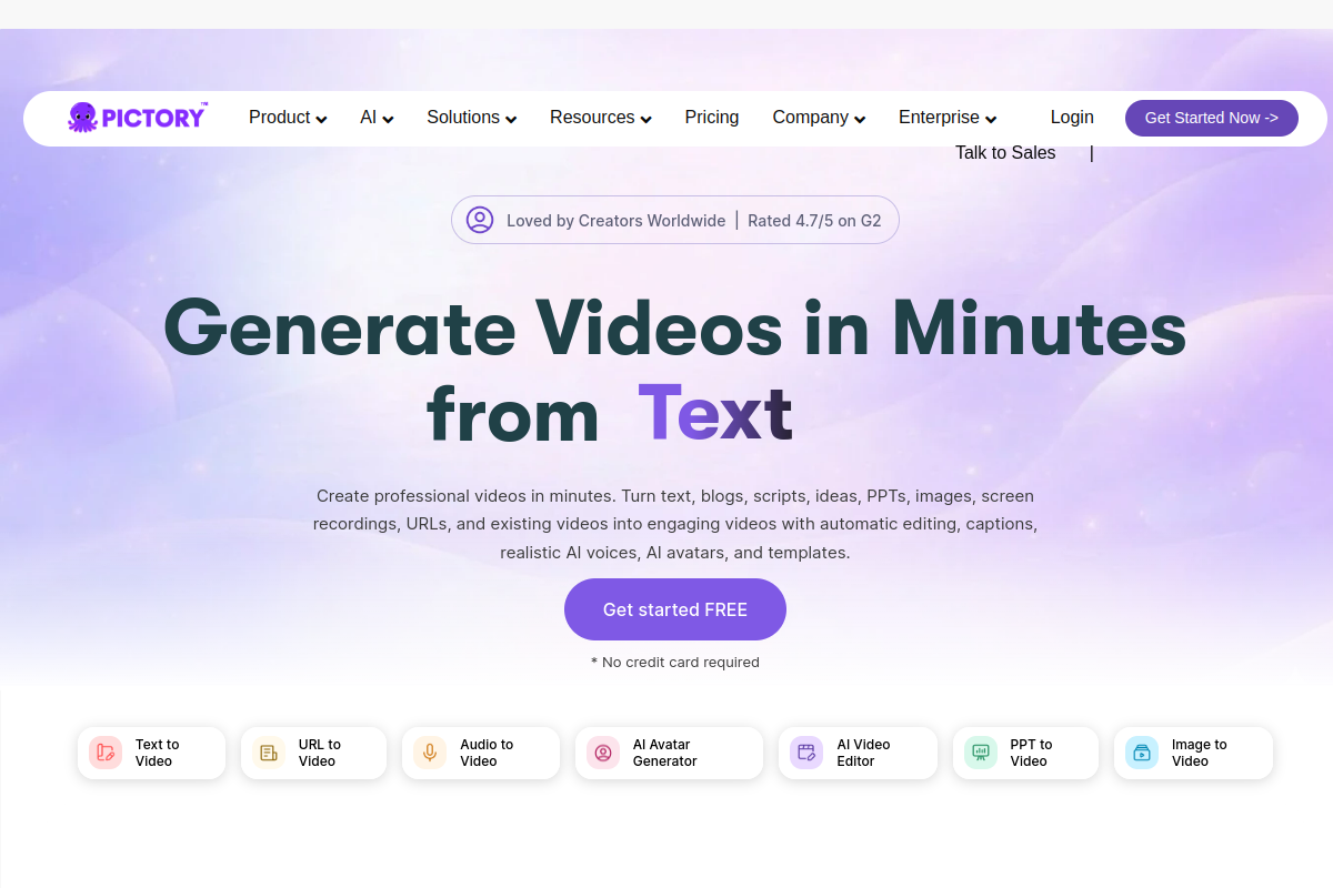 Screenshot of the Pictory website