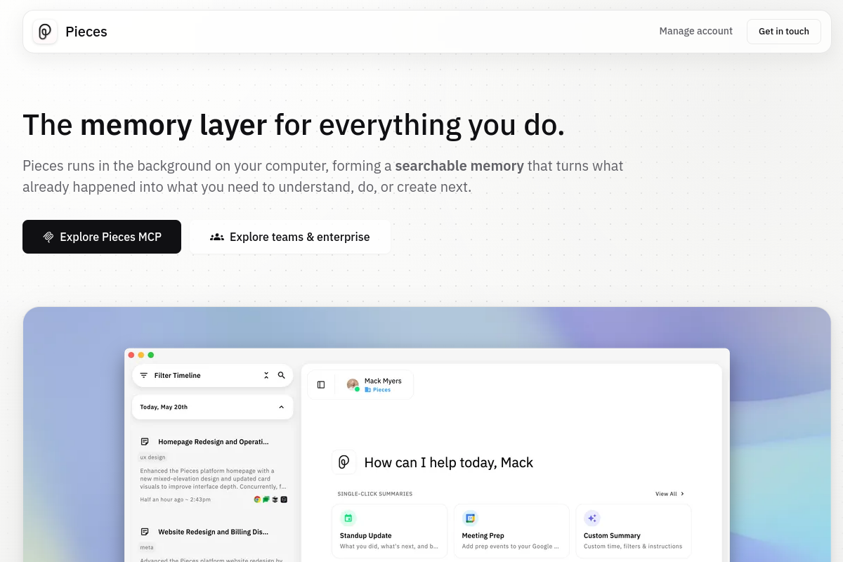 Screenshot of the Pieces.app website