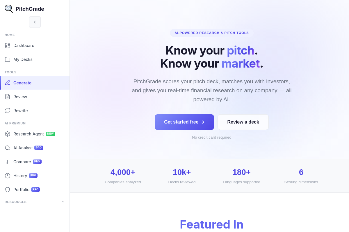 Screenshot of the Pitchgrade website